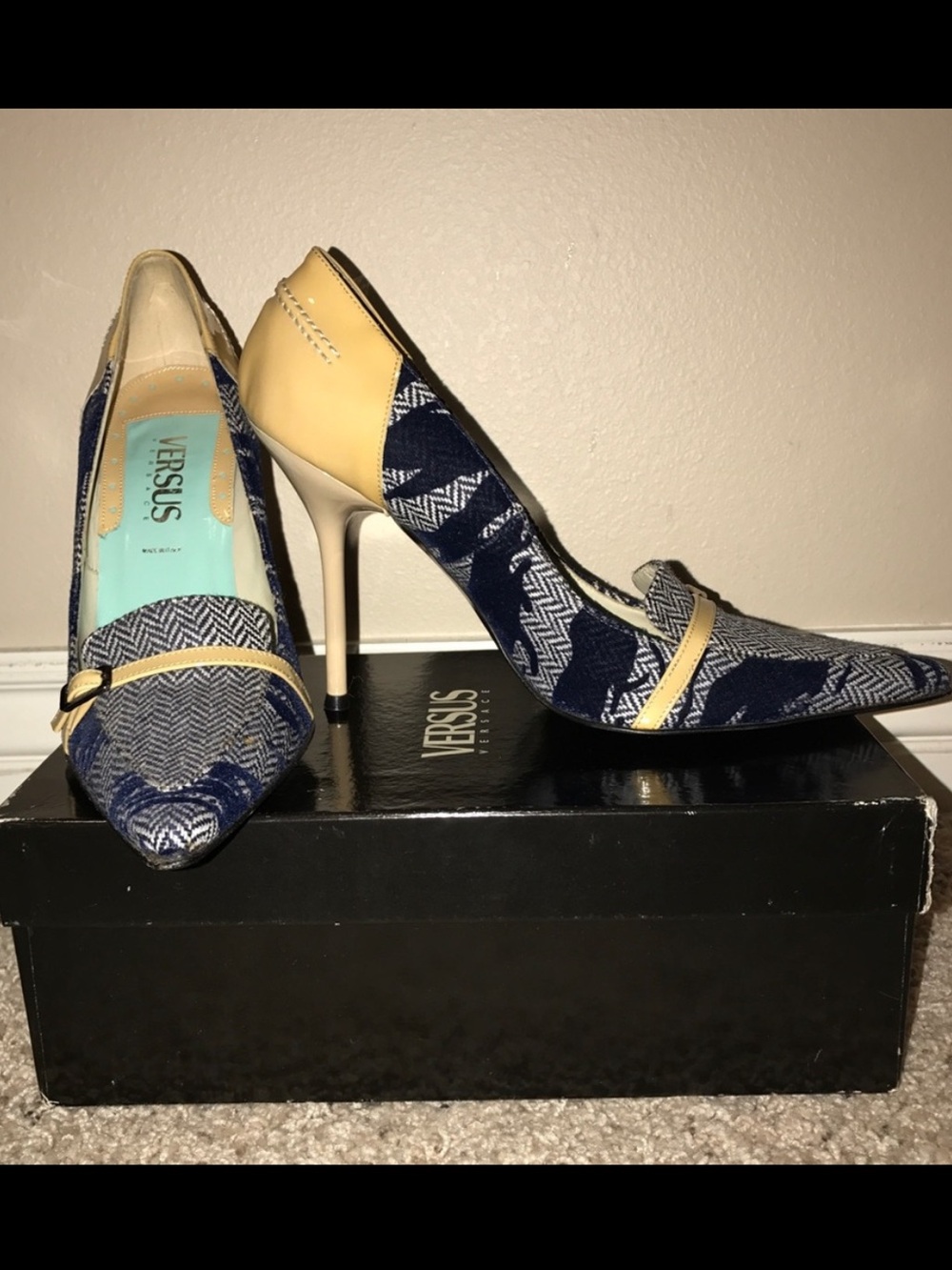 Versus By Versace Navy Chevron Pointed-Toe Heels with Cream Trim